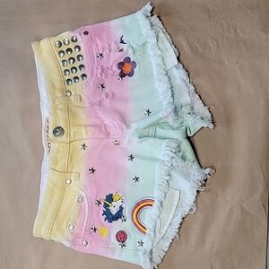 Reverse Size M Rainbow Tie Dyed Studded, Patched Cutoff Short-Shorts, EUC